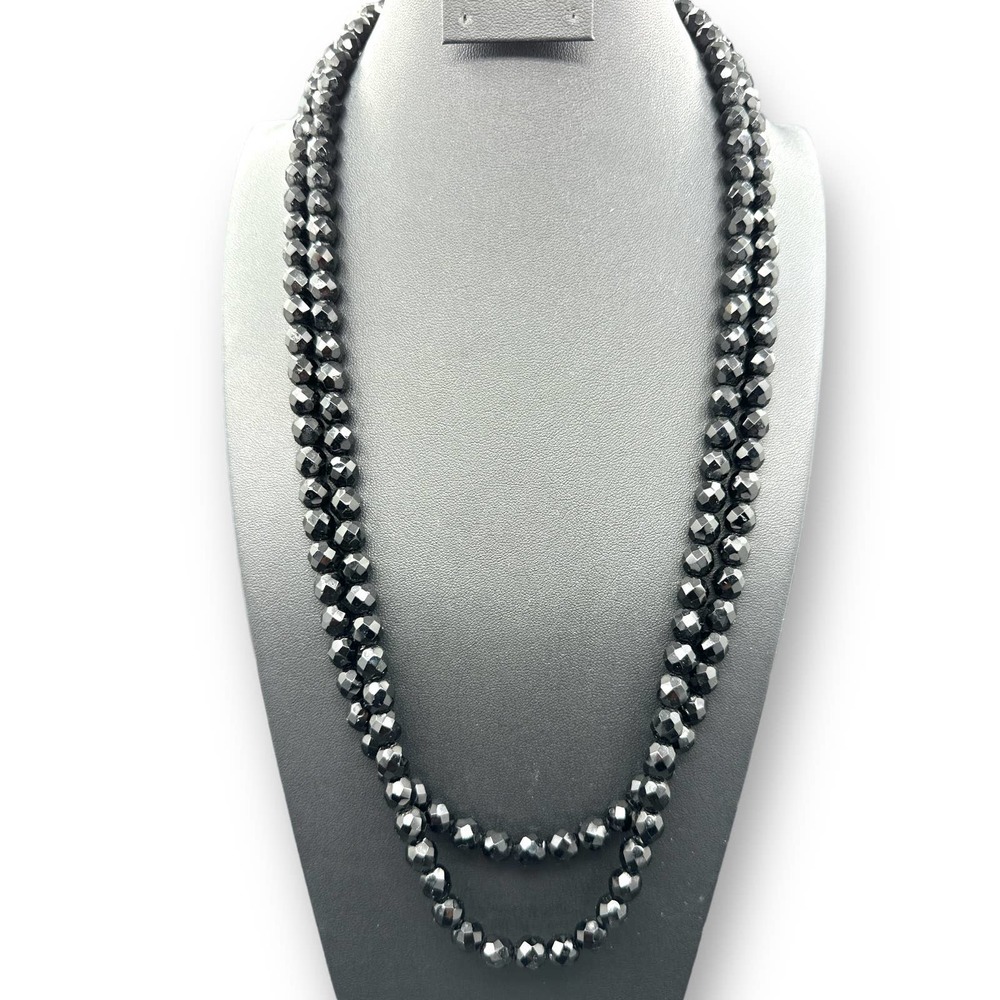 VTG Black Faceted Glass Layered Necklace Round Open Box Clasp Rhinestones